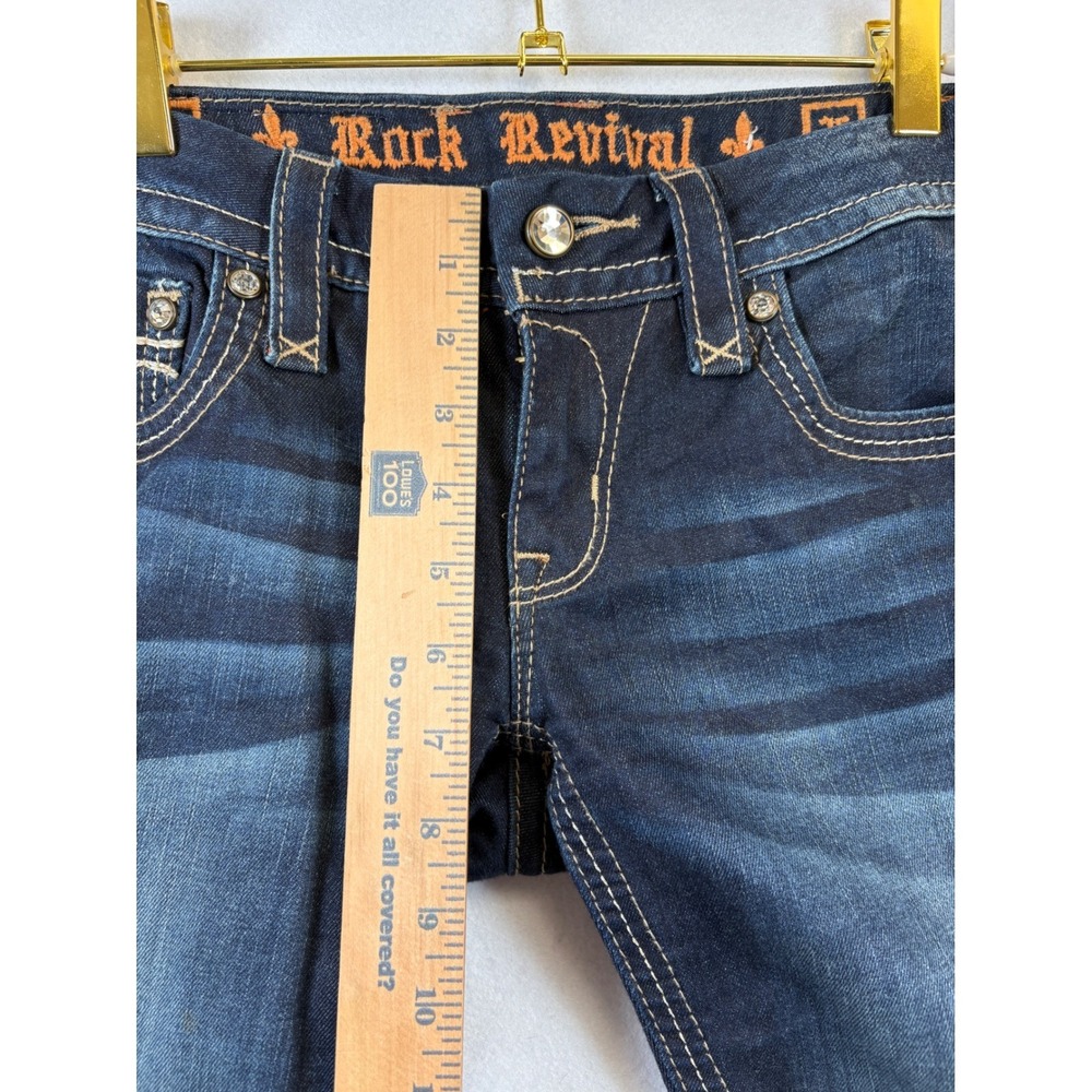 Rock Revival Skinny Jeans Dark Wash Embellished Back Pockets Signature Stitching - Picture 7 of 11